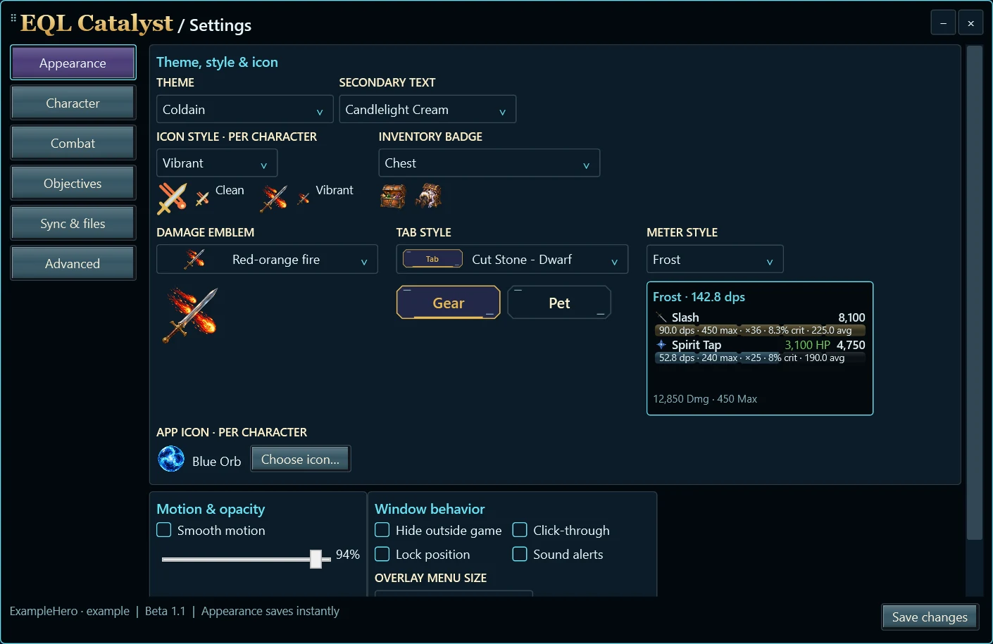 Appearance settings with theme and icon controls