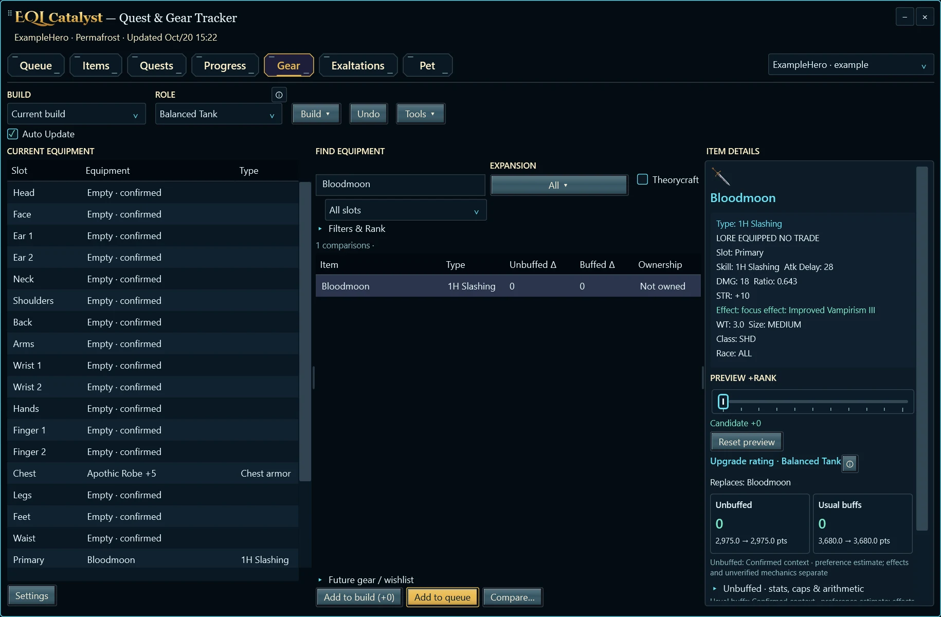 Gear equipment, candidate items and classic item details