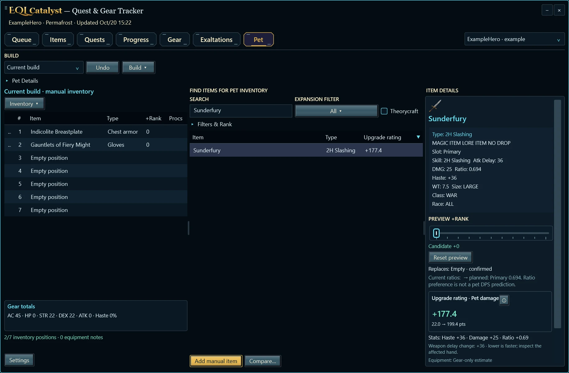 Pet inventory and equipment planning