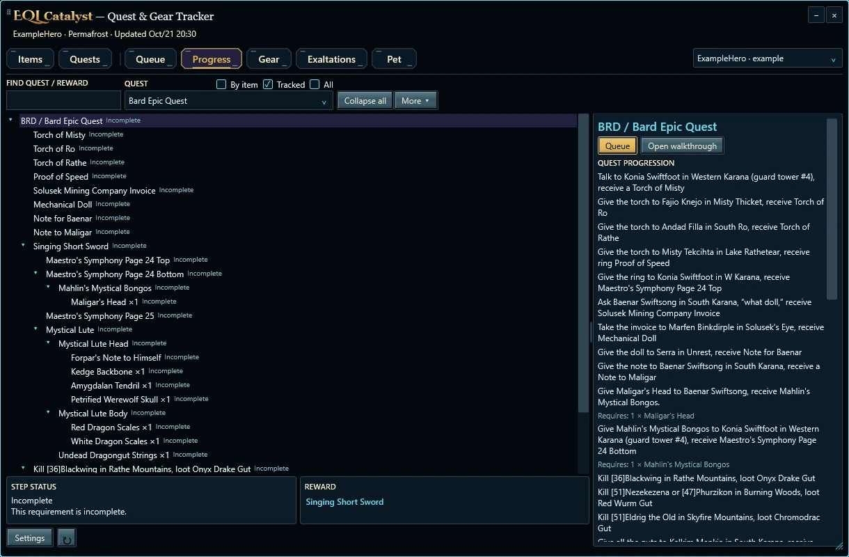 Quest progress and walkthrough details