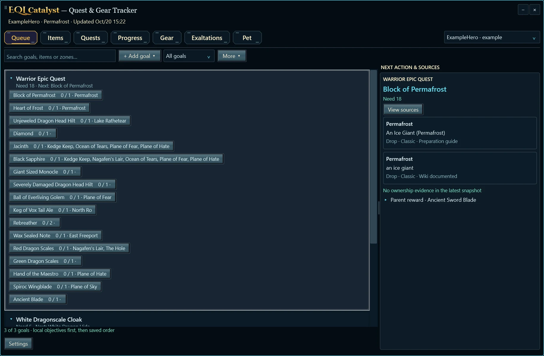 Quest goal queue with source information